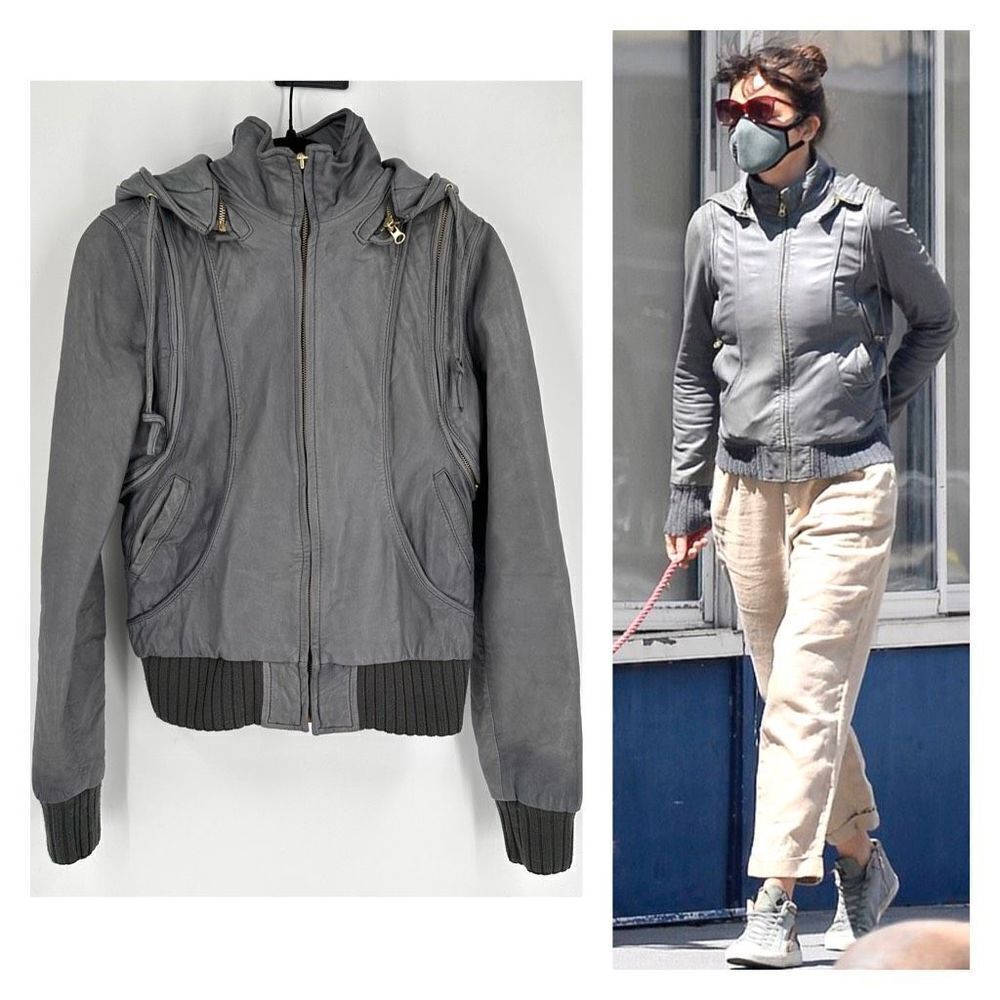 Barney’s Gray Leather hooded convertible jacket moto Helena Christensen small‎